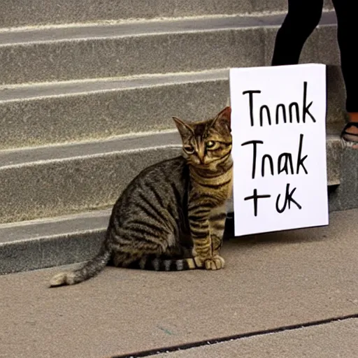 Prompt: a tabby cat holding a sign that says