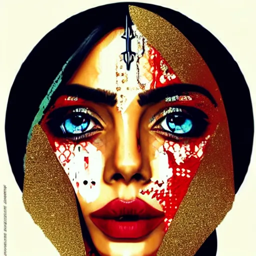 Image similar to portrait of pakistani woman :: side profile :: in ocean :: clockwork details :: gold :: blood and horror :: by vikings and Sandra Chevrier