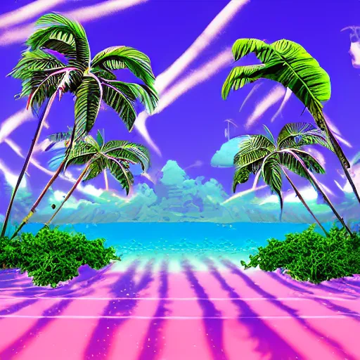 Image similar to vaporwave jungle on nebula beach