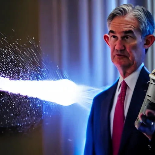 Prompt: photo of Jerome Powell using a flamethrower projecting a long flame