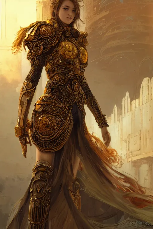 Prompt: portrait knights of Zodiac girl, metalic orange and silver white reflected armor, in ruined Agora of Athens, ssci-fi, fantasy, intricate, very very beautiful, elegant, golden light, highly detailed, digital painting, artstation, concept art, smooth, sharp focus, illustration, art by tian zi and WLOP and alphonse mucha