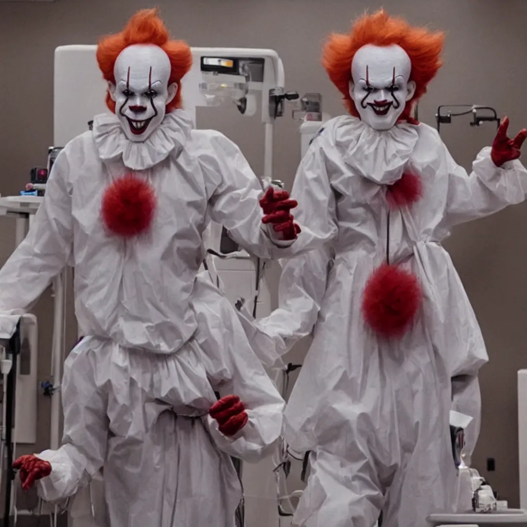 Image similar to a full body photograph of pennywise dressed as a doctor at a hospital