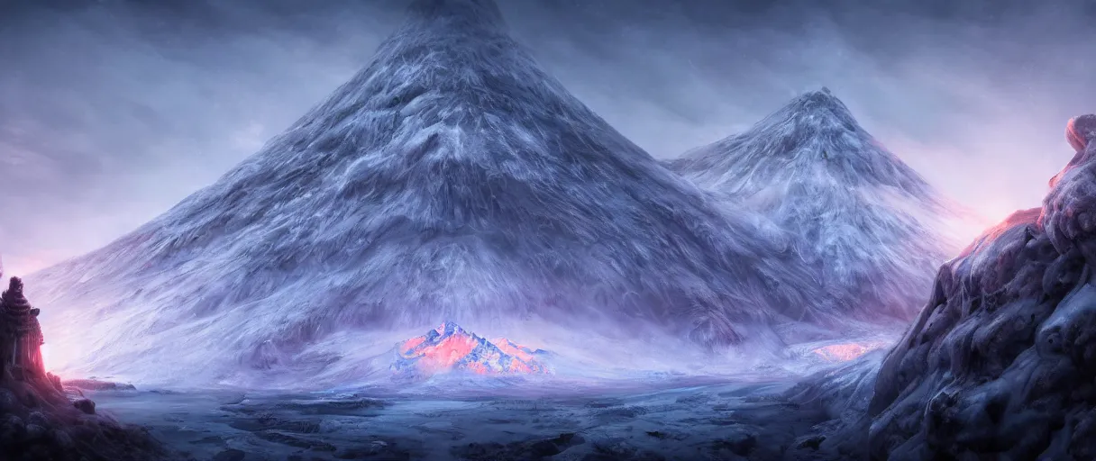 Prompt: digital painting of a frozen ice covered volcano, style of dark souls III, concept art, high angle, high detail, cold lighting, dark, vivid, beautiful, trending on artstation, by Jordan grimmer, no focus, huge scene, terrain visible