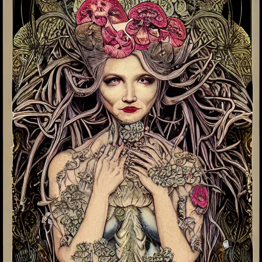 Image similar to a beautiful detailed front view portrait of a rotten woman corpse with fractal plants and fractal flowers and mushrooms growing around, symmetrical, ornate, ornamentation, illustration, in the style of art nouveau