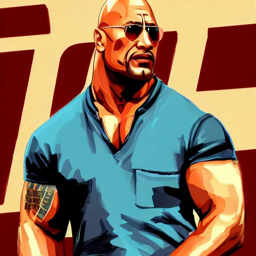 Image similar to Dwayne Johnson in GTA San Andreas , cover art by Stephen Bliss, artstation, no text