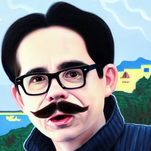 Image similar to An Oil Painting of Rivers Cuomo in a sweater with long hair and a mustache sweating bullets as he looks outside his window in his apartment to see kim jong un's nukes falling onto the city, hyperrealistic, extremely realistic, highly realistic, HD Quality, 4k resolution, 8k resolution, Detailed, Very Detailed, Highly Detailed, Extremely Detailed, Intricate Details, Real, Very Real, Oil Painting, Digital Painting, Painting, Trending on Deviantart, Trending on Artstation