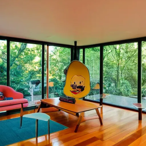 Image similar to interior photo of a 60s modernist home that is Disney themed