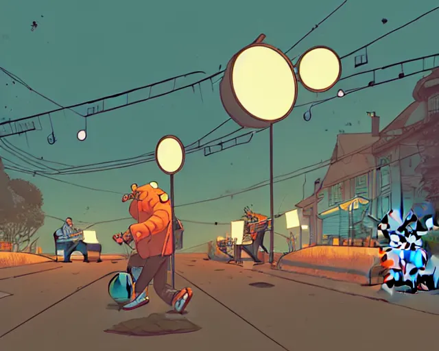 Prompt: a study of cell shaded cartoon of a band playing a microKorg synthesizer and drums floating above a country road, street lamps, road, illustration, wide shot, subtle colors, post grunge, concept art by josan gonzales and wlop, by james jean, Victo ngai, David Rubín, Mike Mignola, Laurie Greasley, highly detailed, sharp focus, Trending on Artstation, HQ, deviantart, art by artgem