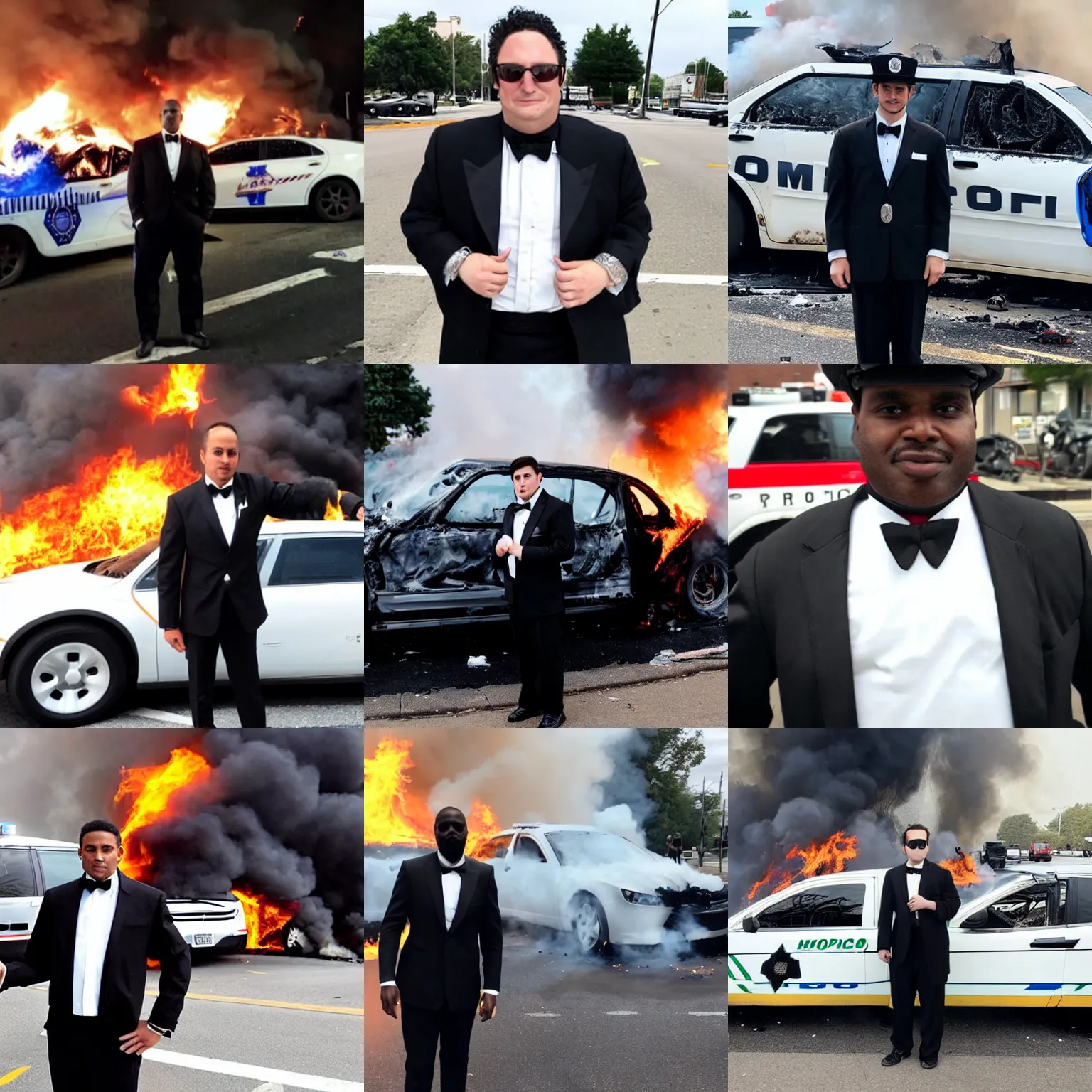 Prompt: man dressed in a tuxedo posing in front of a burning cop car during the 2020 riots, photo