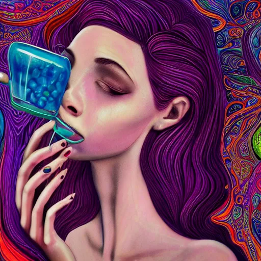 Image similar to an extremely psychedelic wideshot of an woman drinking juice, surreal, lsd, face, detailed, intricate, elegant, lithe, highly detailed, digital painting, artstation, concept art, smooth, sharp focus, illustration