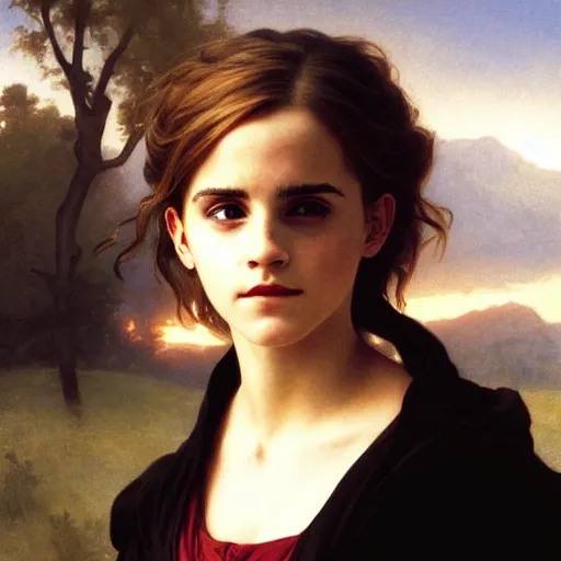 Image similar to Painting of Emma Watson as Hermione Granger. Art by william adolphe bouguereau. During golden hour. Extremely detailed. Beautiful. 4K. Award winning.