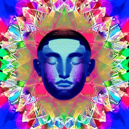 Image similar to A beautiful digital art of a man with a large head, sitting in what appears to be a meditative pose. His eyes are closed and he has a serene look on his face. His body is made up of colorful geometric shapes and patterns that twist and turn in different directions. It's almost as if he's sitting in the middle of a kaleidoscope! cool green by Frida Kahlo, by Chris Cunningham, by Octavio Ocampo