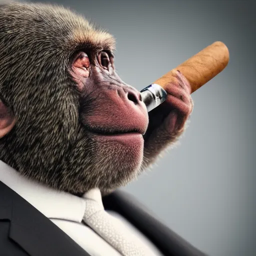 Image similar to a high detail closeup shot of a depressed monkey wearing a suit and smoking a cigar
