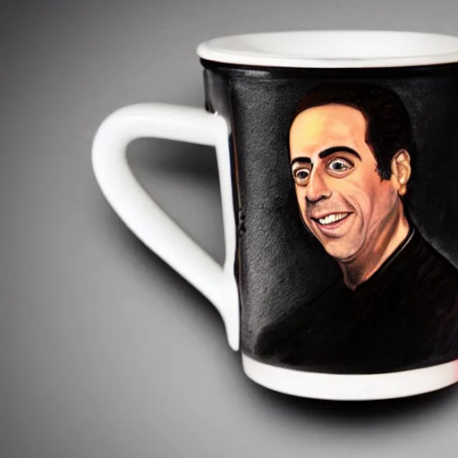 Prompt: coffee cup with an oil painting of jerry seinfeld, studio lighting, 4 k