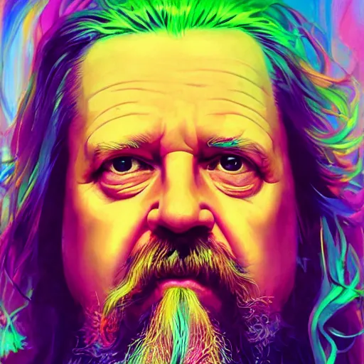 Image similar to a colorful closeup portrait of the dude from the big lebowski. he holds all the wisdom of the world in his eyes. dreamy vibes floating head and dreaming psychedelic hair. halo behind his head. trending on artstation. by peter mohrbacher and moebius and alex ross. intricate detail. hyperrealistic. photorealism. 8 k. flat design