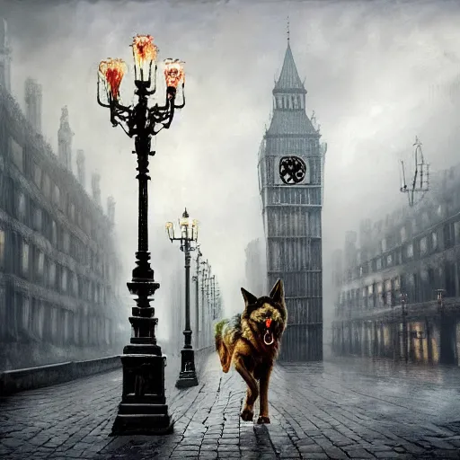 Image similar to terrifying ware wolf walking through the center of old london city, oil painting, gloomy misty atmosphere, symmetrical, full body image, highly ornate intricate details, very sharp photo,