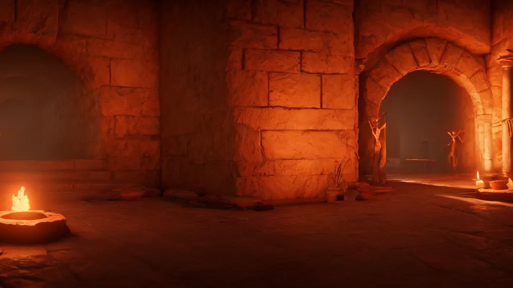 Prompt: delicious torch lit prison dungeon jail cell atmospheric unreal engine hyperreallistic render 8k character concept art masterpiece screenshot from the video game Assassin's creed odyssey origins moody orange 2700K global illumination