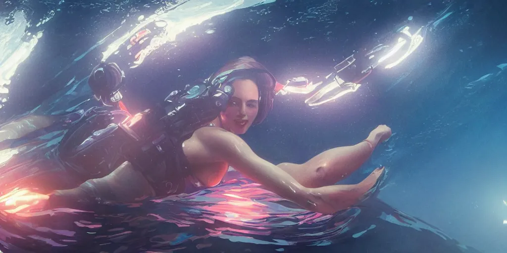 Image similar to woman astronaut underwater in the ocean at night, volumetric lighting, glowing lights, 4k, octane, digital painting, artstation, concept art, sharp focus, illustration, art by artgerm and greg rutkowski and alphonse mucha