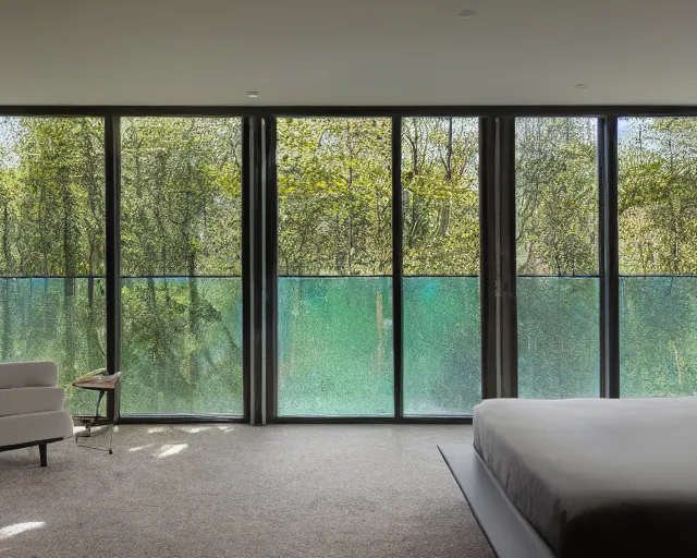 Prompt: A room, sunlight, glass walls, water levels, trees, shrubs, flowers, warm and calm