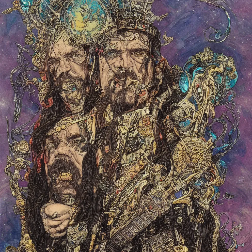 Image similar to A dramatic full-color art nouveau and tribal viking styled bust panorama portrait of lemmy kilmister as a spacepunk god-king of the universe, hyperdetailed mixed media artwork combining the styles of Travis Charest, Michael Whelan, Bill Sienkiewicz, Duncan Fegredo, Simon Bisley, Alphons Mucha, Dave McKean and Karol Bak, vast power, stoicism, pessimism, confident shaded eyes, tarnished and rusted metal, wrought iron architecture, perfectly symmetrical facial features, 8k, deeply hyperdetailed, cinematic lighting, realistic mechanical details, 8k, UHD, HDR