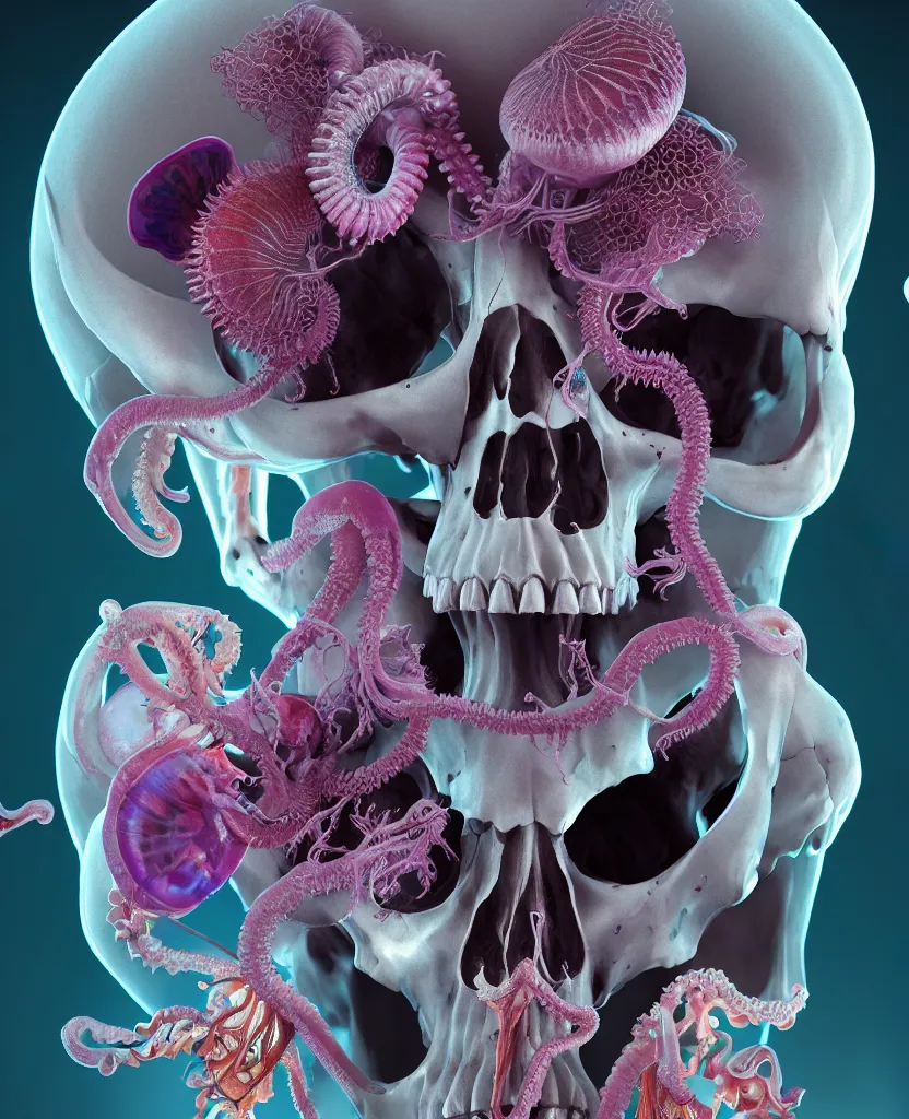 Image similar to symmetry!! goddess close - up portrait human skeleton, ram skull, squid phoenix jellyfish, orchid, betta fish, bioluminiscent, intricate artwork by tooth wu and wlop and beeple. octane render, trending on artstation, greg rutkowski very coherent symmetrical artwork. cinematic, hyper realism, high detail, octane render, 8 k