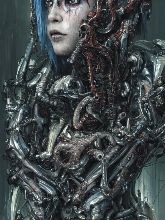 Image similar to portrait art of 8k ultra realistic undead eldritch horror ghost in the shell , detailed intricate ornate armour,decaying, cybernetic, full of colour, cinematic lighting, battered, trending on artstation, 4k, hyperrealistic, focused, extreme details,unreal engine 5, cinematic, masterpiece, art by ayami kojima, giger