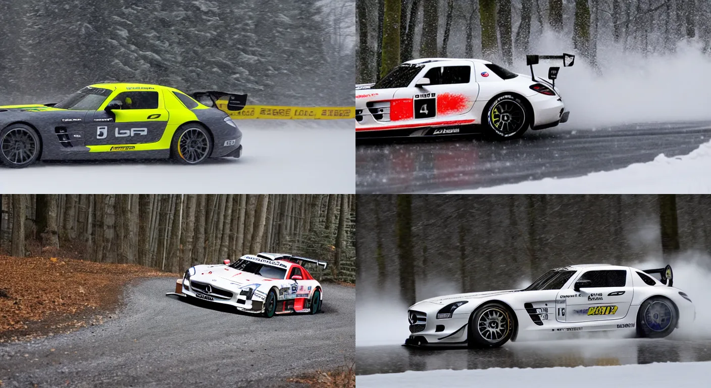 Prompt: a 2 0 1 1 mercedes - benz sls amg gt 3, racing through a rally stage in a snowy forest