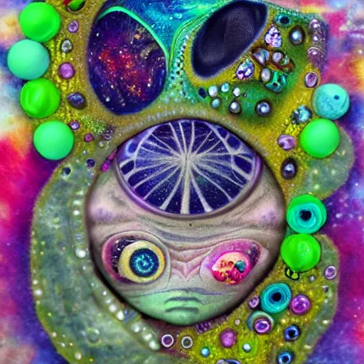 Prompt: alien with jewels for eyes, on exotic dreamy planet, highly detailed, felt, mixed media collage