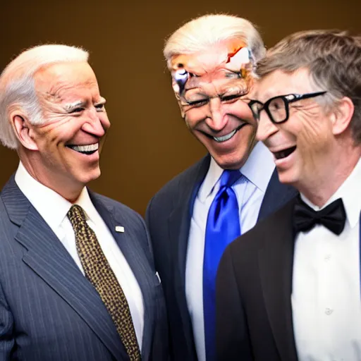 Image similar to stock photo of kim kardashian, joe biden, and bill gates wearing suits and ties laughing in an office building, 8k resolution, full HD, cinematic lighting, award winning, anatomically correct