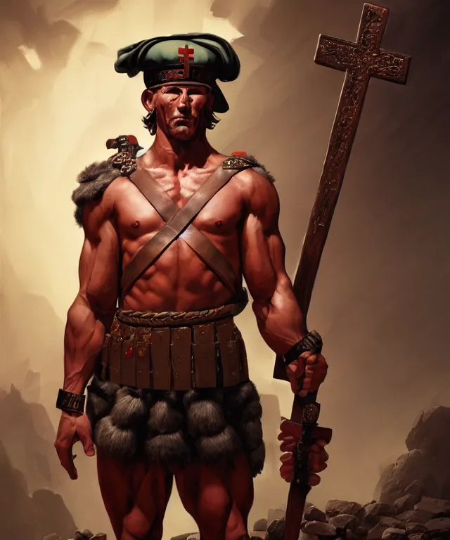 Image similar to muscular roman soldier with a white cross in the chest by simon bisley, dale keown and greg rutkowski, vivid color scheme, unreal engine 5