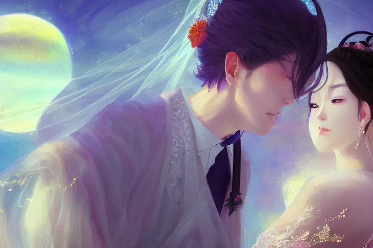 Image similar to a dreamlike portrait of wedding photograph close up moment of a divine a taiwan sun god and moon goddess lovers magician at a wedding banquet. portraiture. digital painting. artstation. concept art. fantasy wedding photo. digital painting, 8 k realistic, hyper detailed, by makoto shinkai and akihiko yoshida and hidari and wlop