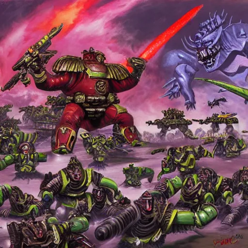 Image similar to Battle of the Imperial Guard on the planet against the Tyranids, Warhammer 40,000, Artist - Phil Moss