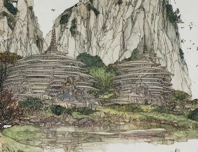 Prompt: a detailed, intricate watercolor and ink illustration with fine lines of the view from the river of a library with a conical roof by frank lloyd wright, by arthur rackham and edmund dulac and lisbeth zwerger