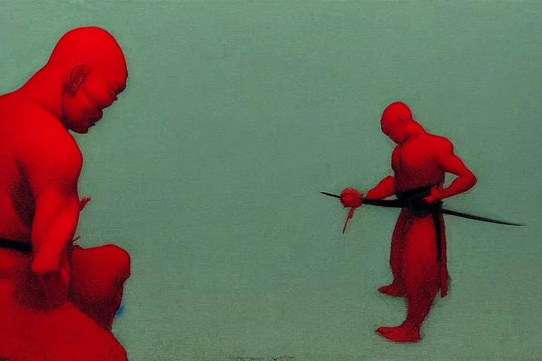 Image similar to only with red, a red samurai do seppuku, tokio, a lot of frogs watch, in the style of beksinski, parts by edward hopper, parts by rodcenko, parts by yue minjun, intricate and epic composition, red by caravaggio, insanely quality, highly detailed, masterpiece, red light, artstation, 4 k