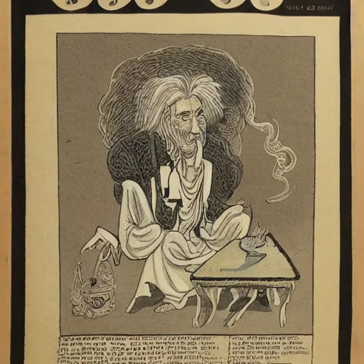 Image similar to highly detailed figure of a person with long white hair coming depicted as smoke coming out from smoking pipe, meditation, comic art, intricate, elegant.