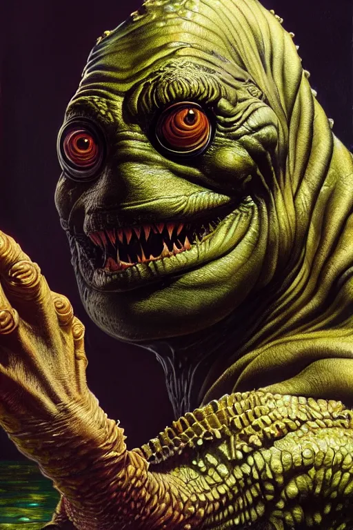 Prompt: painting of the creature from the black lagoon, ultra realistic, sharp details, subsurface scattering, intricate details, warm lighting, beautiful features, highly detailed, photorealistic, octane render, 8 k, unreal engine, art by artgerm and greg rutkowski and alphonse mucha