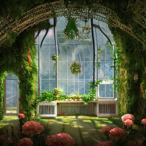 Image similar to a musical bedroom victorian greenhouse. The greenhouse is built into a giant oak tree, ornate, beautiful, atmosphere, vibe, flowers, concept art illustration, Greg rutowski, volumetric lighting,