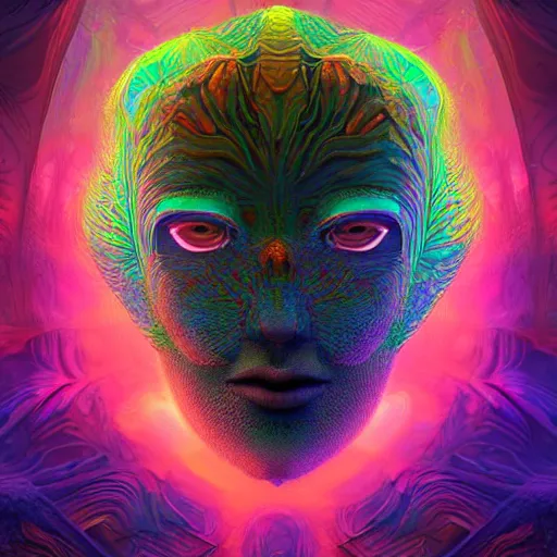 Image similar to Face of a Alien Deity, corals, plume made of geometry, extremly detailed digital painting, sharp focus in the style of android jones, artwork of a futuristic artificial intelligence superstar, mystical colors, rim light, beautiful lighting, 8k, stunning scene, raytracing, octane, under water visual distortion, trending on artstation