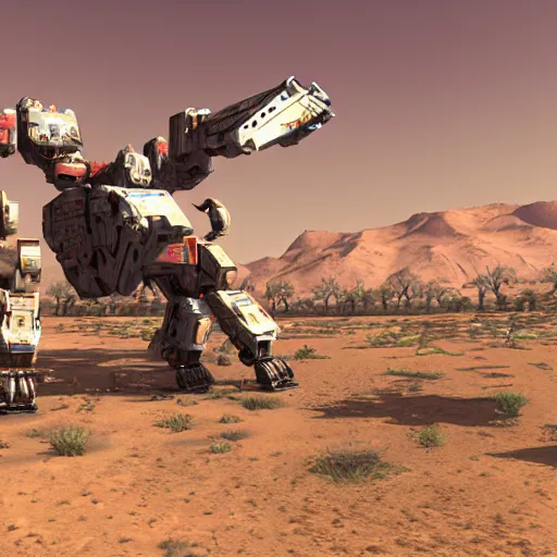 Prompt: mechwarrior walking in desert