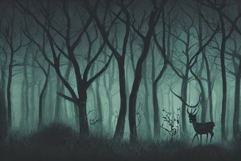 Image similar to a creepy dark forest illuminated by a bioluminescent stag, night