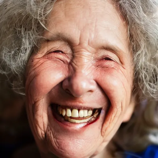 Image similar to an old woman smiling. she has a thin transparent oxygen tubing under her nose