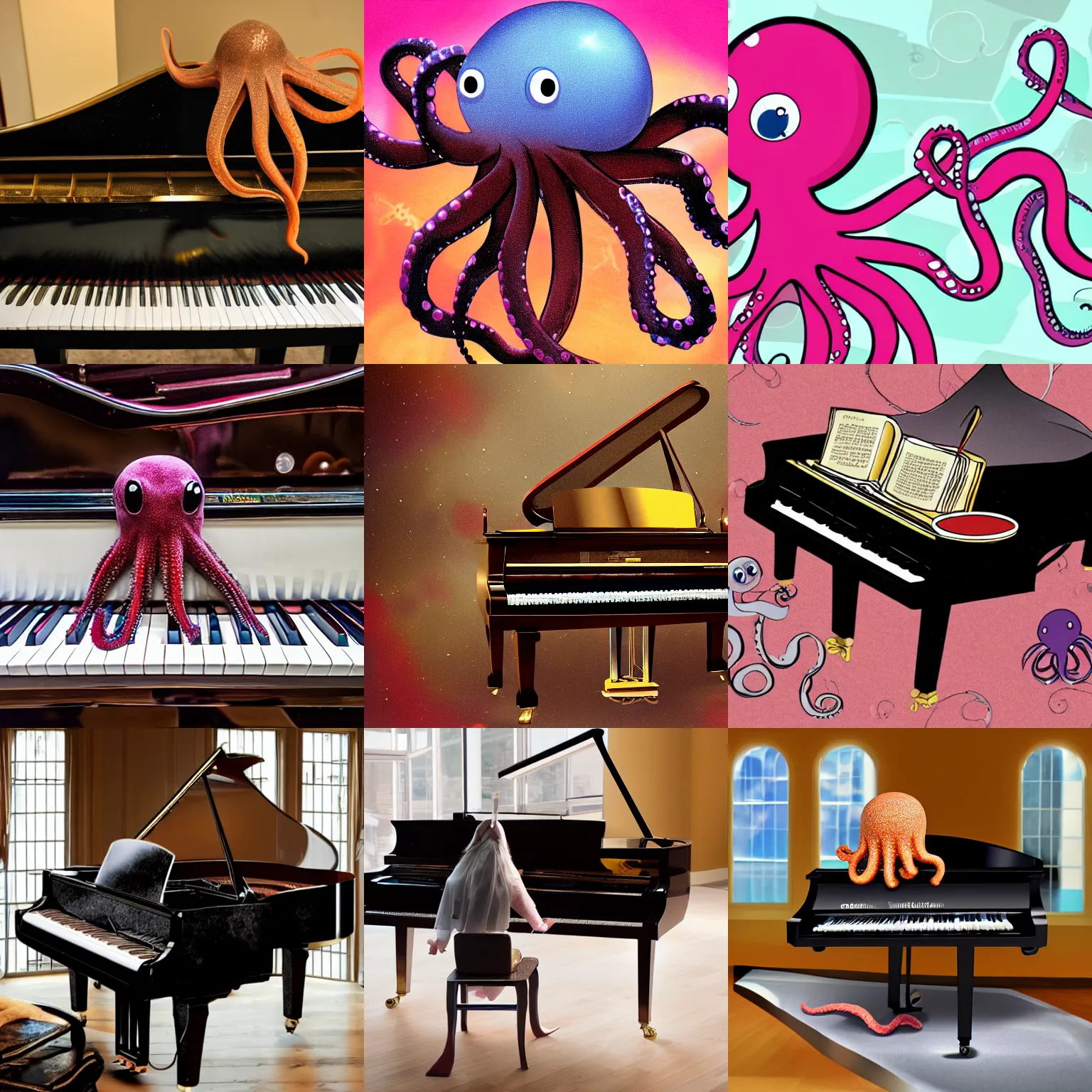 Prompt: an octopus playing on a shiny grand piano