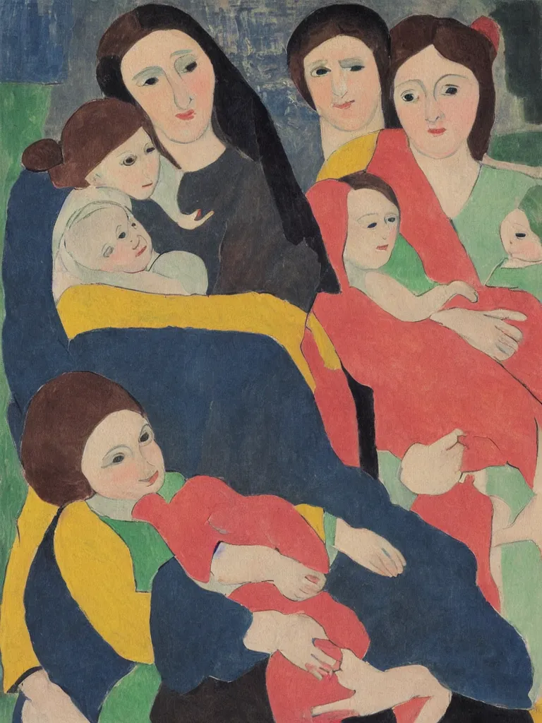 Image similar to portrait of a old woman holding a younger woman on her lap, that holds another, even younger woman, holding a girl holding a baby. painting by matisse