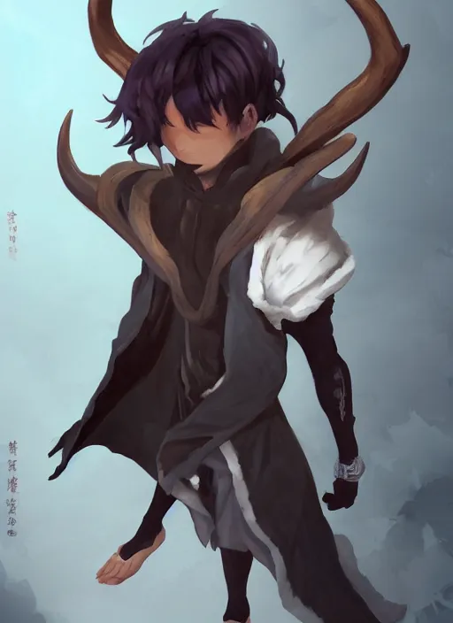 Image similar to concept art painting of an androgynous person with brown skin and short white hair, demon horns, deer ears, full clothing, black clothes, blue robes, detailed, cel shaded, in the style of ruan jia and artgerm and makoto shinkai and james gurney