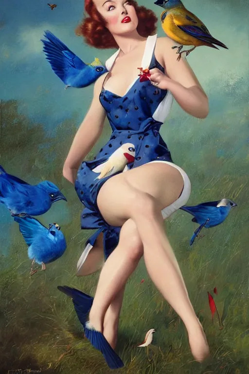 Image similar to hyper realistic painting, pinup girl holding an indigo bunting, bird, the bird is wearing a bowtie, by greg rutkowski, rossdraws, gil elvgren, enoch bolles, anime, porcelain skin, glistening, very coherent,