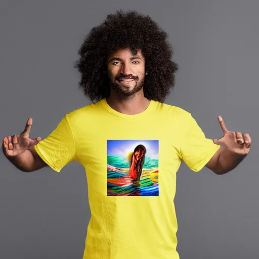 Image similar to Jesus wear a rainbow t-shirt and walks on water, front view, Fullbody, realistic, Photograph, 4k