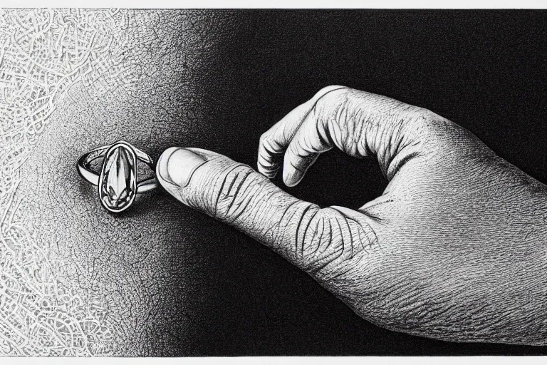 Image similar to a picture of a finger with a gem ring, slay, by moebius, hyperrealism, intricate detailed, risograph