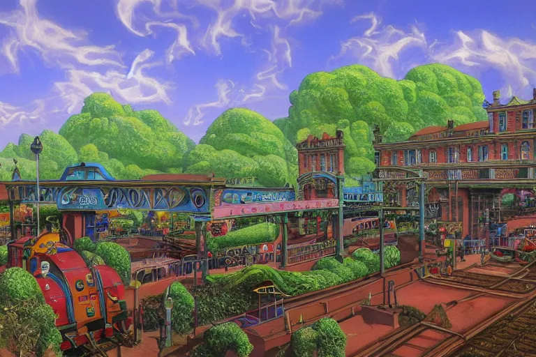 Prompt: Shrewsbury Railway Station in the style of Roger Dean, fantasy art, trending on art station,