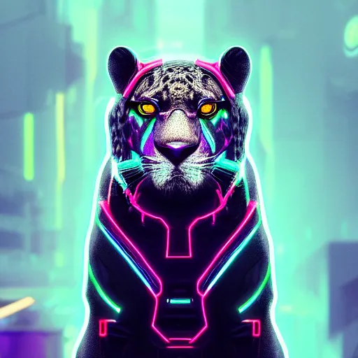 Image similar to portrait of a neon cyberpunk cyborg jaguar animal, octane render