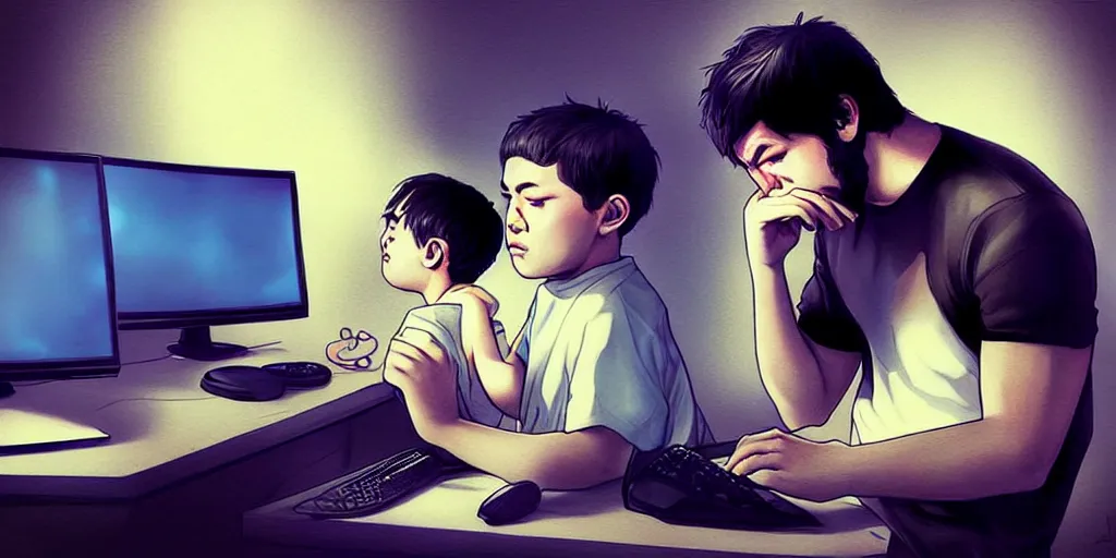 Prompt: hangover man behind computer and sad kid staying near the man. artgerm